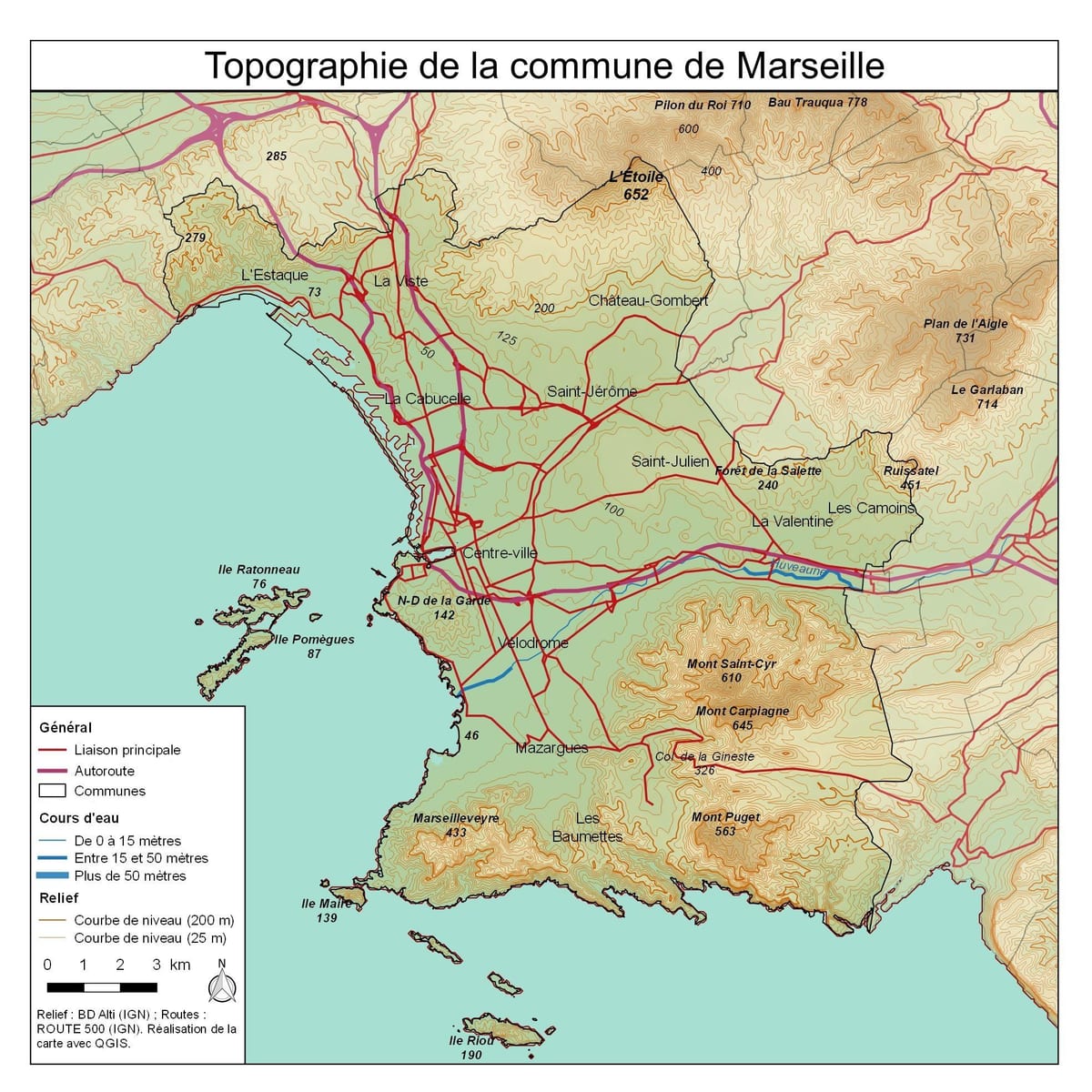 mapa topográfico de Marsella