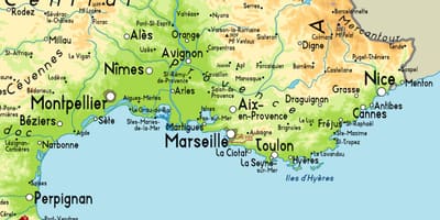 Mapa de Marsella e área circundante